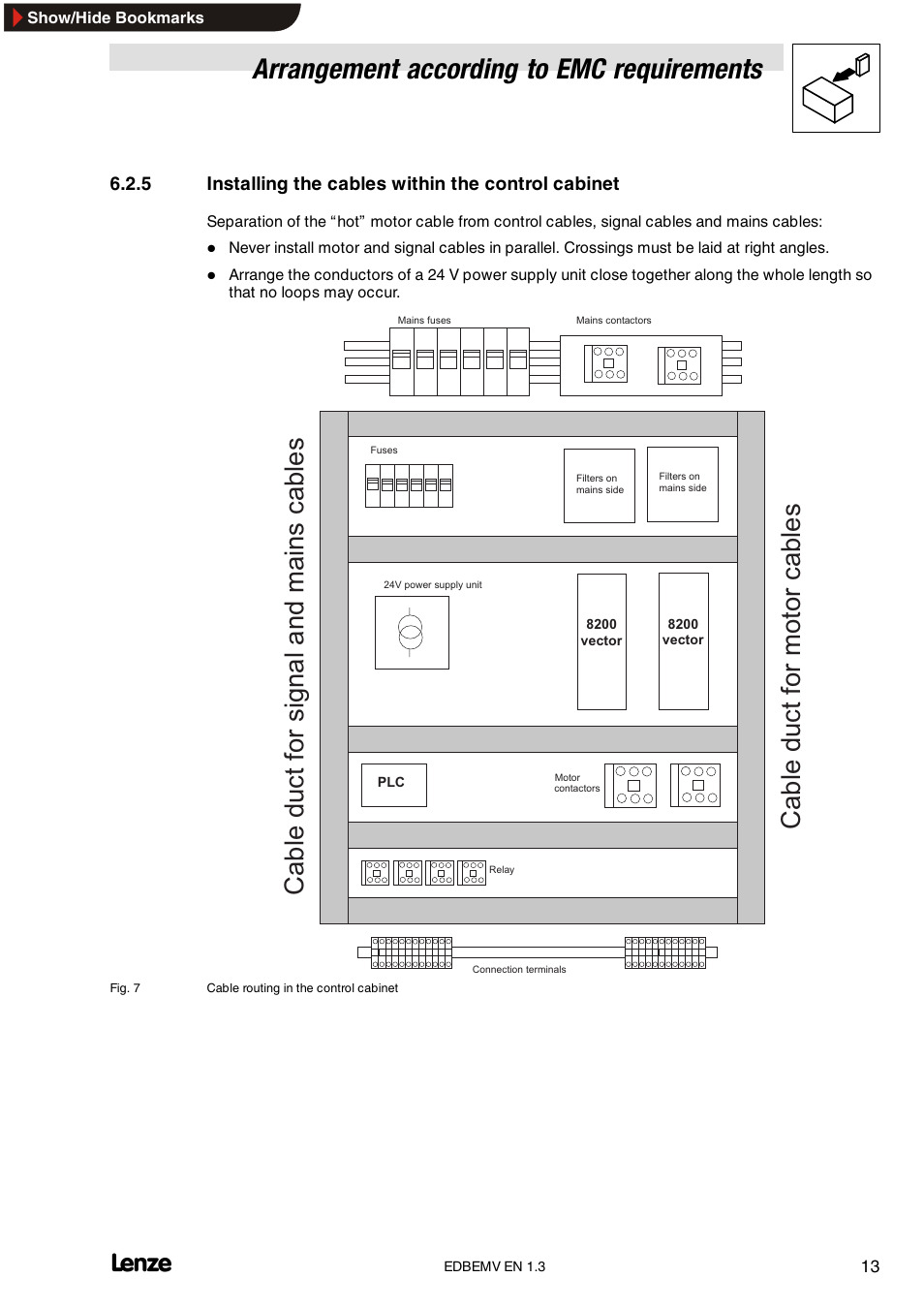 5 installing the cables within the control cabinet, Installing the cables within the control cabinet, Arrangement according to emc requirements | Lenze Inverter EMC User Manual | Page 15 / 26