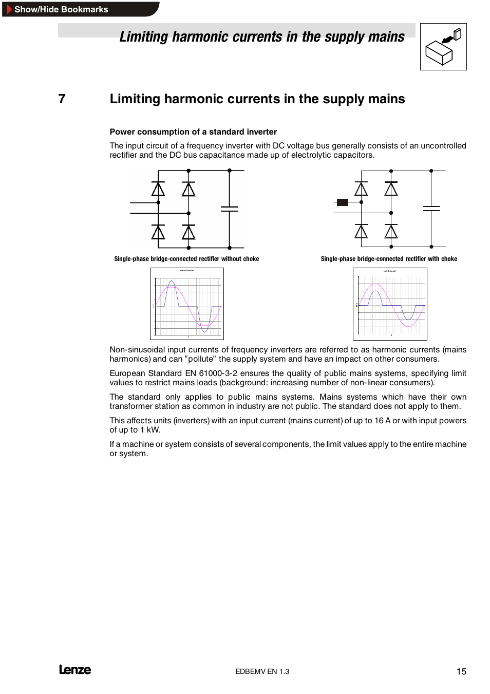 7 limiting harmonic currents in the supply system, Limiting harmonic currents in the supply system, Limiting harmonic currents in the supply mains | 7 limiting harmonic currents in the supply mains | Lenze Inverter EMC User Manual | Page 17 / 26