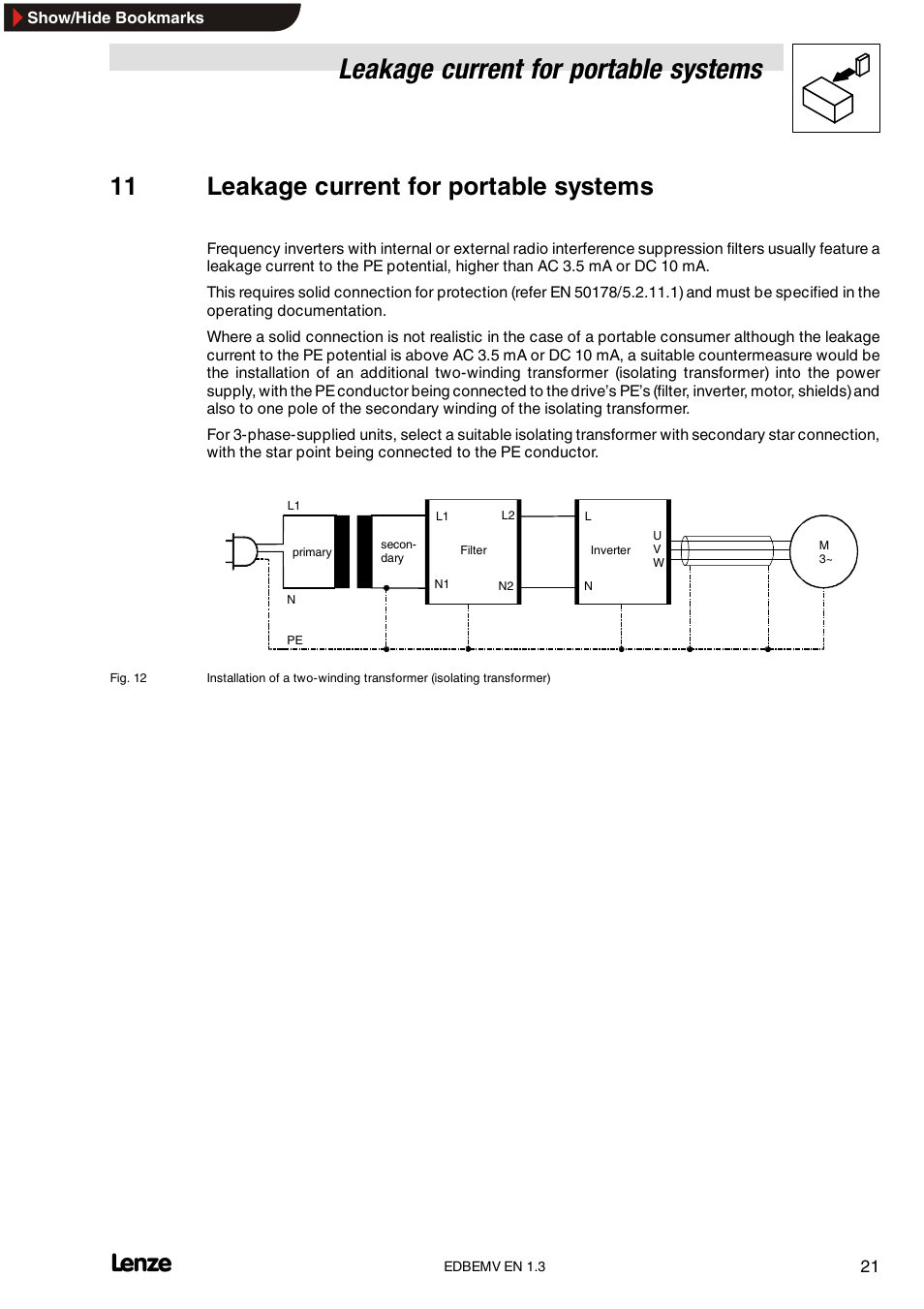 11 leakage current for portable systems, Leakage current for portable systems | Lenze Inverter EMC User Manual | Page 23 / 26