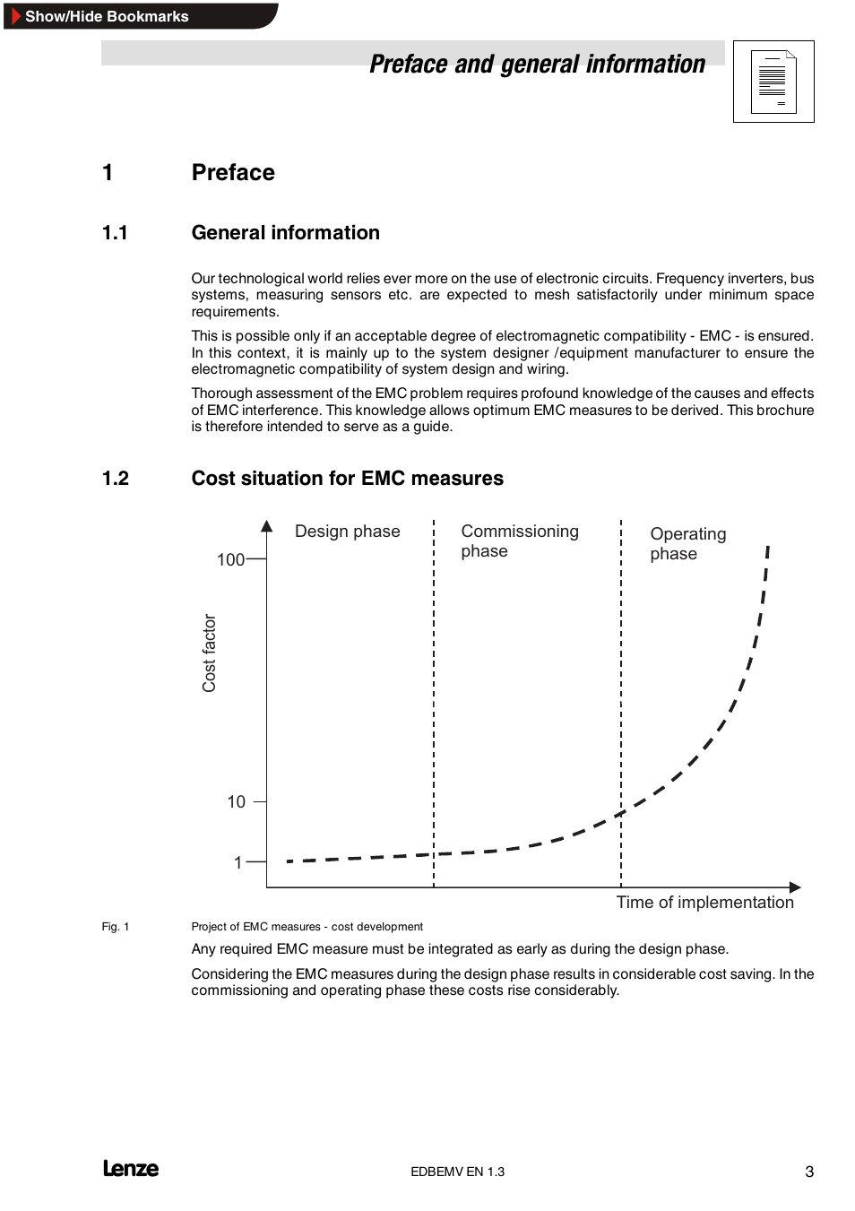 1 preface, 1 general information, 2 cost situation for emc measures | Preface, General information, Cost situation for emc measures, Preface and general information, 1preface | Lenze Inverter EMC User Manual | Page 5 / 26