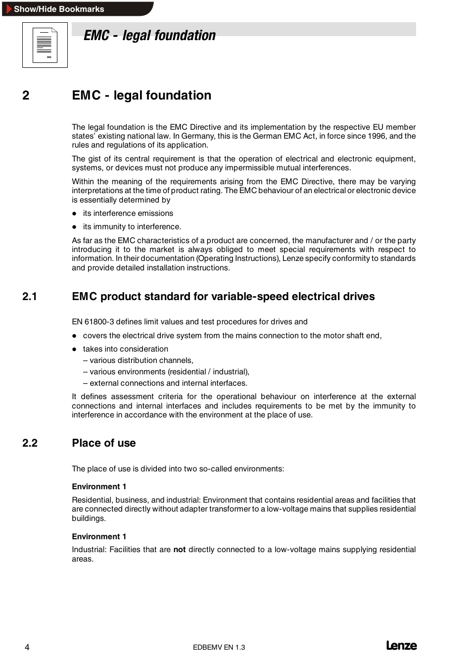 2 emc - legal foundation, 2 place of use, Emc - legal foundation | Place of use, 2emc - legal foundation | Lenze Inverter EMC User Manual | Page 6 / 26