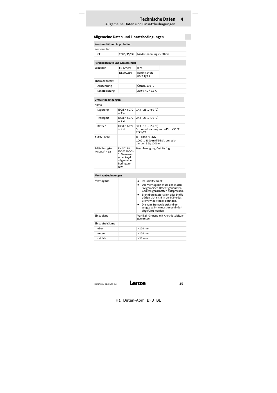 4 technische daten, Allgemeine daten und einsatzbedingungen, Technische daten | Lenze ERBMxxxRxxxW User Manual | Page 15 / 68