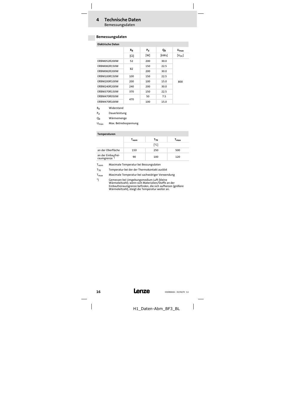 Bemessungsdaten, 4technische daten | Lenze ERBMxxxRxxxW User Manual | Page 16 / 68