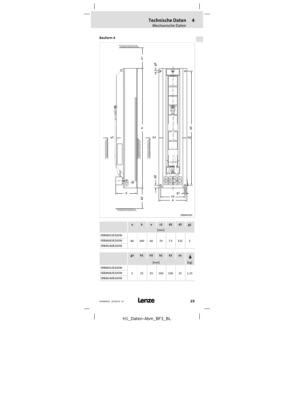 Technische daten | Lenze ERBMxxxRxxxW User Manual | Page 19 / 68