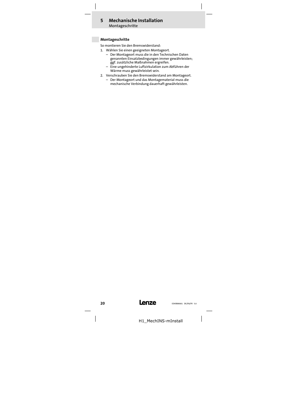 5 mechanische installation, Montageschritte, Mechanische installation | Lenze ERBMxxxRxxxW User Manual | Page 20 / 68