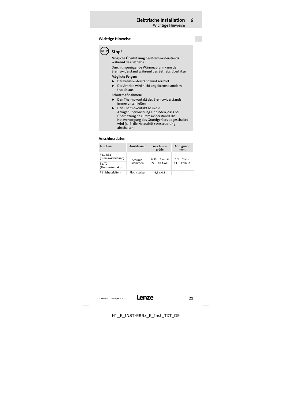 6 elektrische installation, Wichtige hinweise, Anschlussdaten | Elektrische installation | Lenze ERBMxxxRxxxW User Manual | Page 21 / 68