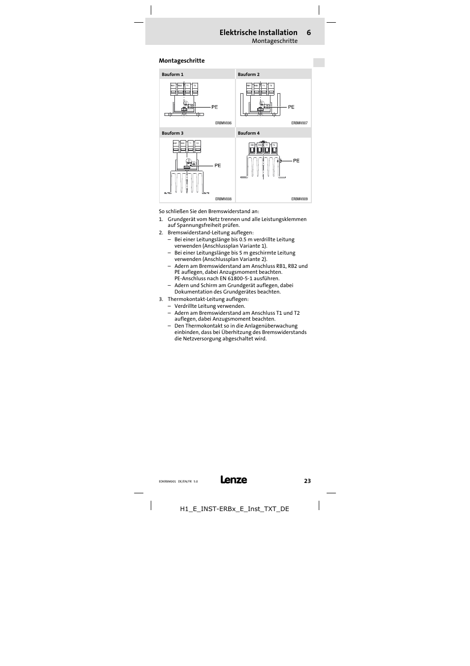 Montageschritte, Elektrische installation | Lenze ERBMxxxRxxxW User Manual | Page 23 / 68