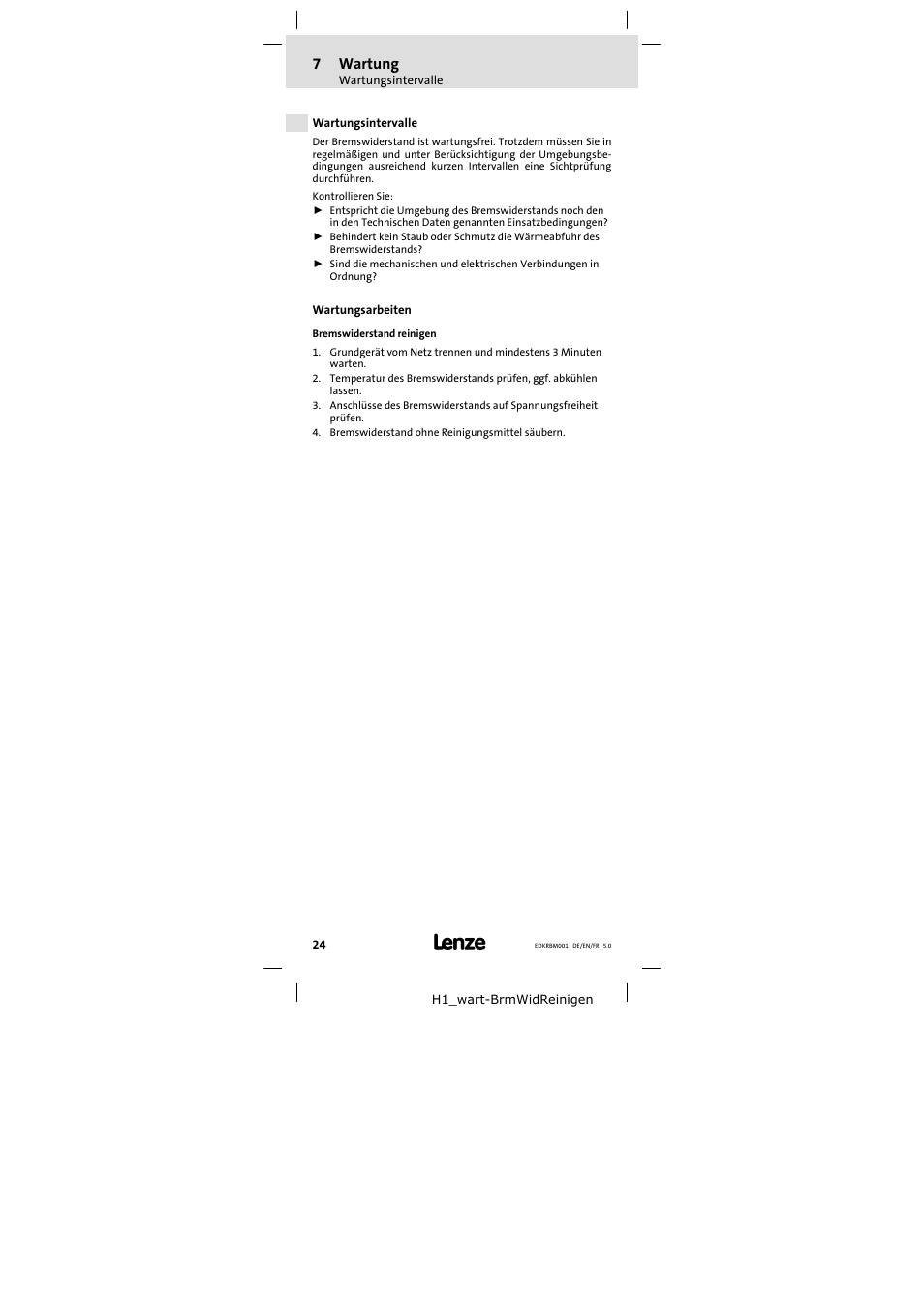 7 wartung, Wartungsintervalle, Wartungsarbeiten | Wartung, Wartungsarbeiten 24, 7wartung | Lenze ERBMxxxRxxxW User Manual | Page 24 / 68