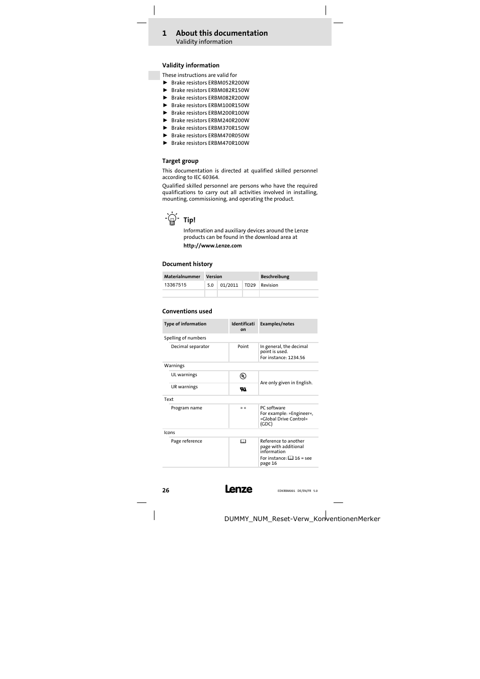 1 about this documentation, Validity information, Target group | Document history, Conventions used, About this documentation, 1about this documentation | Lenze ERBMxxxRxxxW User Manual | Page 26 / 68