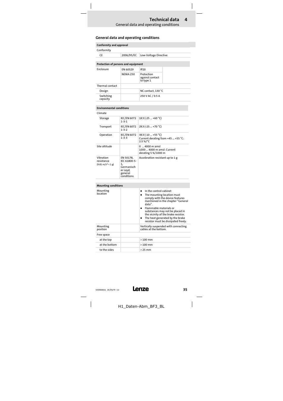 4 technical data, General data and operating conditions, Technical data | Lenze ERBMxxxRxxxW User Manual | Page 35 / 68