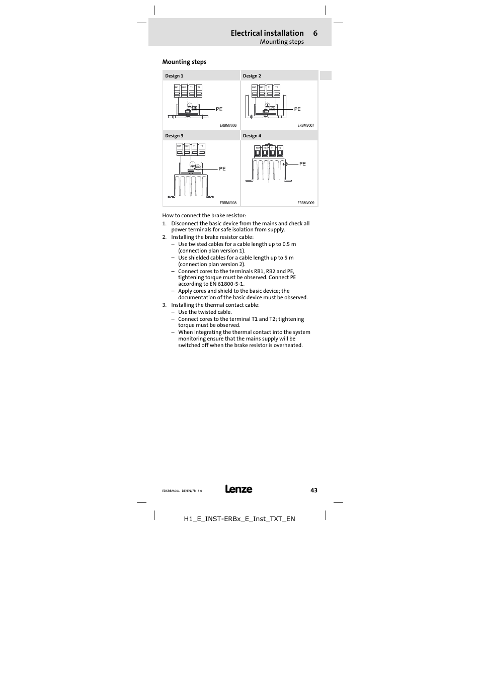 Mounting steps, Electrical installation | Lenze ERBMxxxRxxxW User Manual | Page 43 / 68