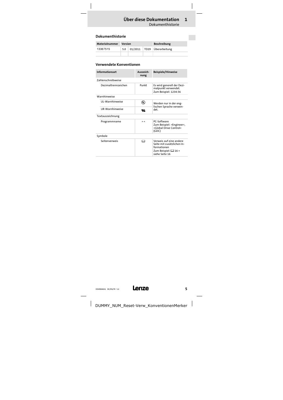 Dokumenthistorie, Verwendete konventionen, Über diese dokumentation | Lenze ERBMxxxRxxxW User Manual | Page 5 / 68