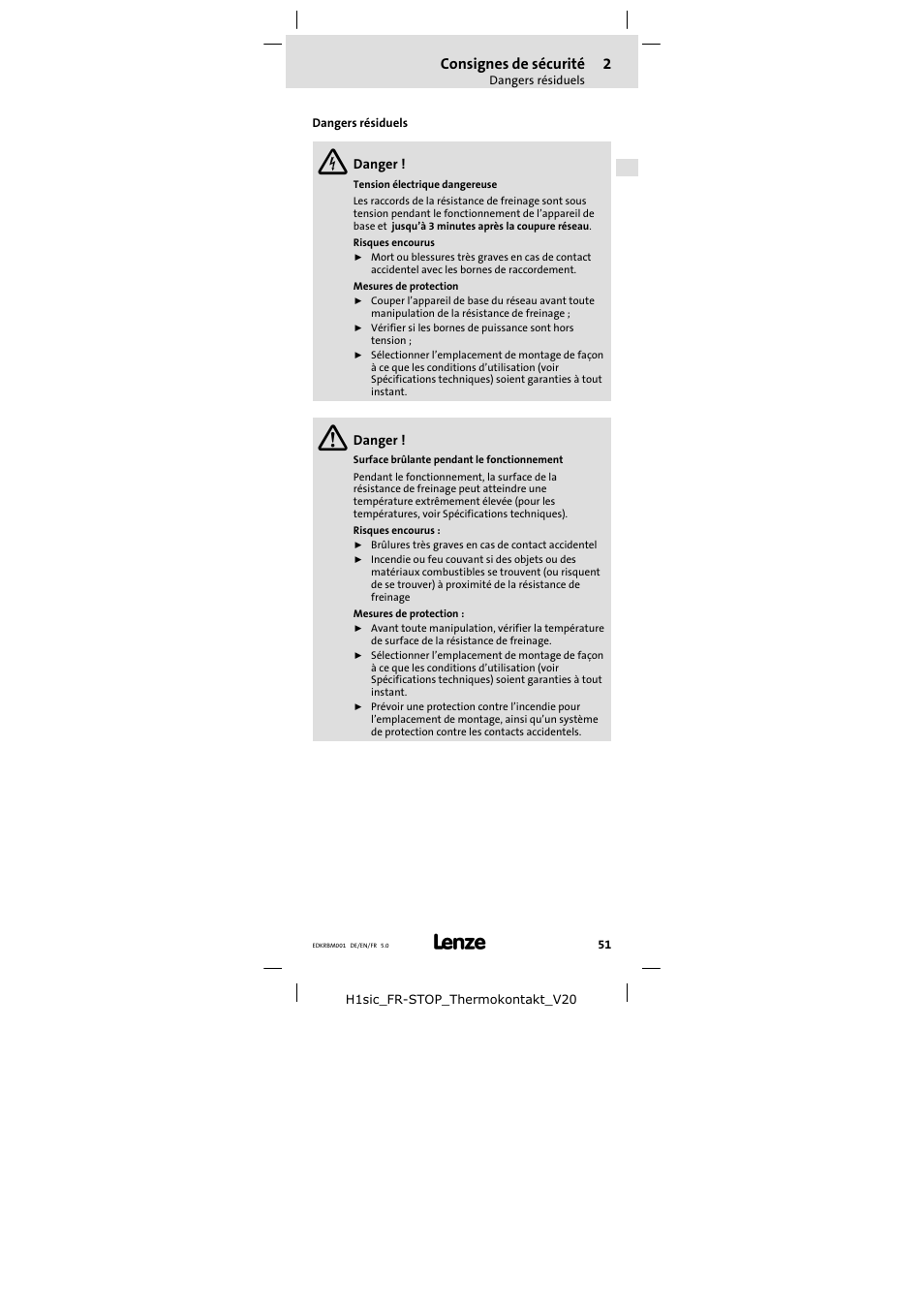 Dangers résiduels, Consignes de sécurité | Lenze ERBMxxxRxxxW User Manual | Page 51 / 68