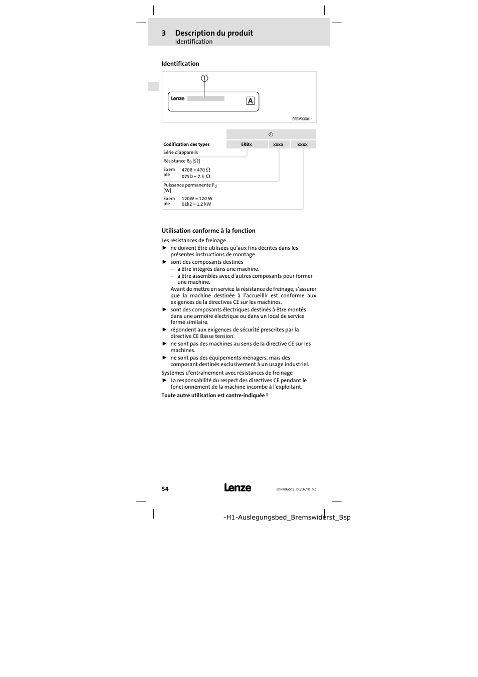 Identification, Utilisation conforme à la fonction, 3description du produit | Lenze ERBMxxxRxxxW User Manual | Page 54 / 68