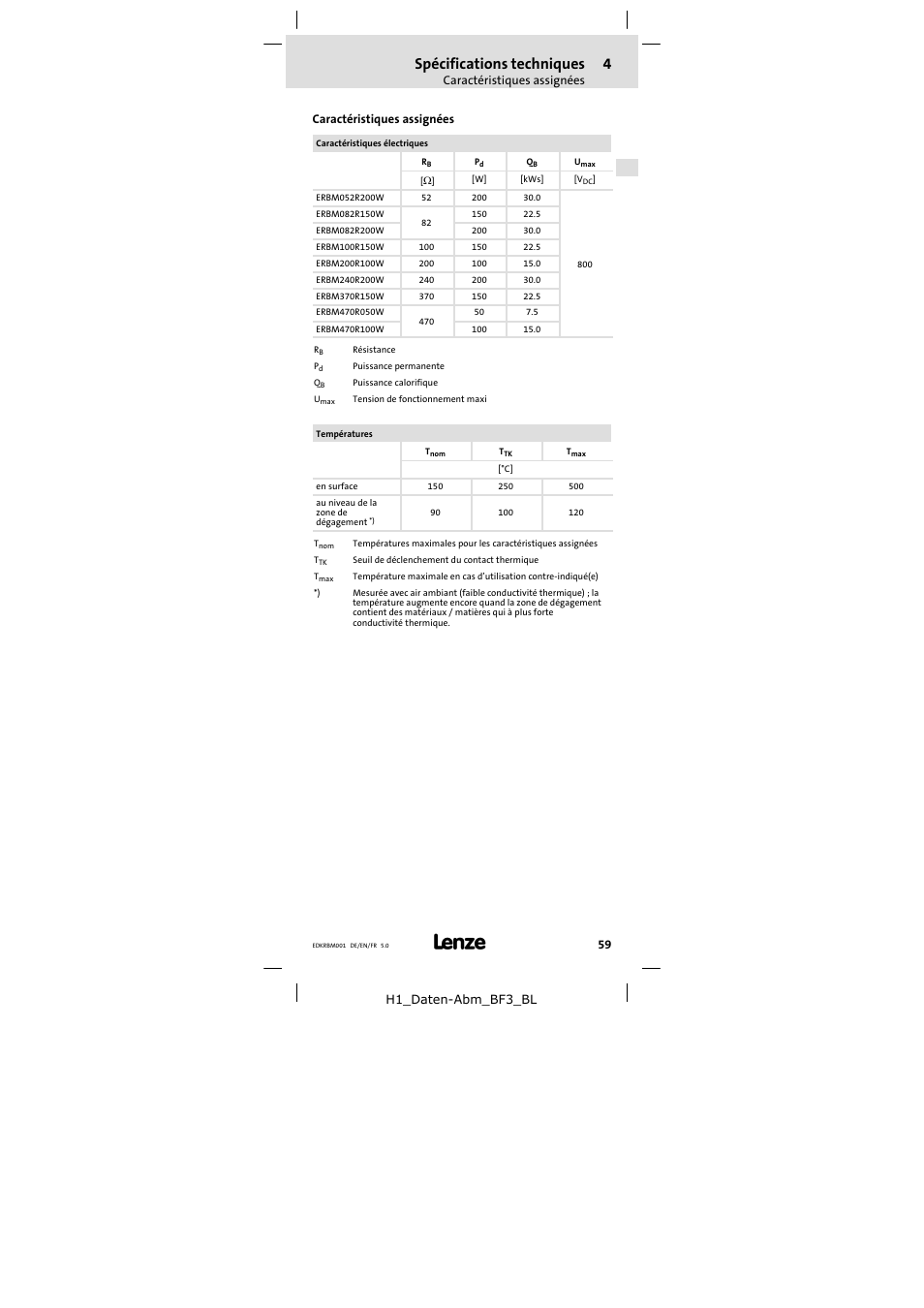 Caractéristiques assignées, Spécifications techniques | Lenze ERBMxxxRxxxW User Manual | Page 59 / 68