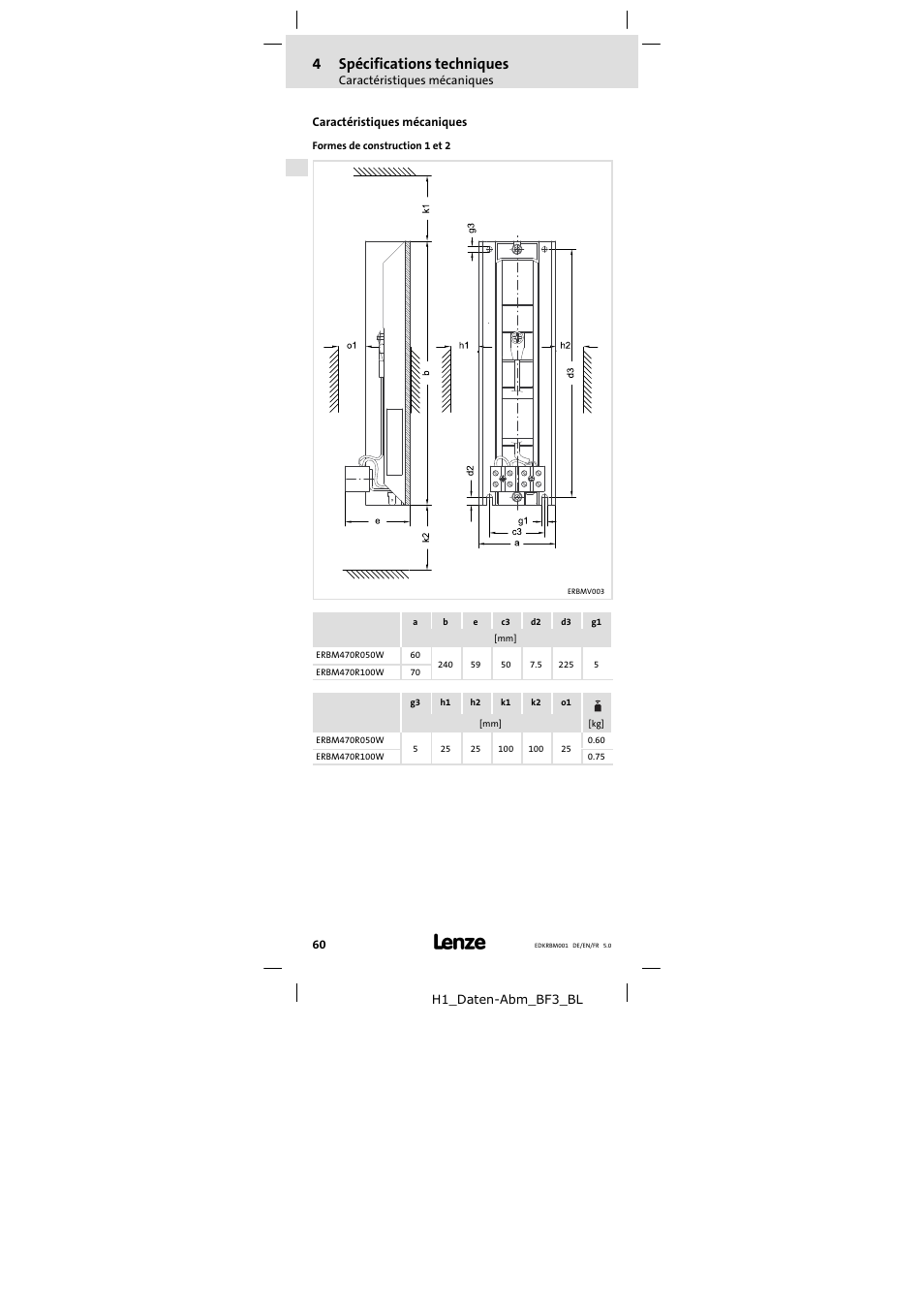 Caractéristiques mécaniques, 4spécifications techniques | Lenze ERBMxxxRxxxW User Manual | Page 60 / 68