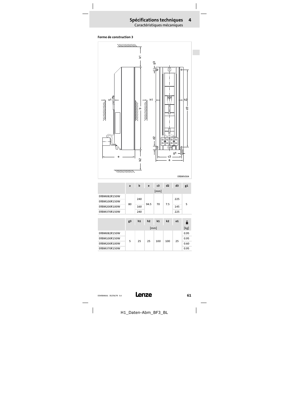 Spécifications techniques | Lenze ERBMxxxRxxxW User Manual | Page 61 / 68