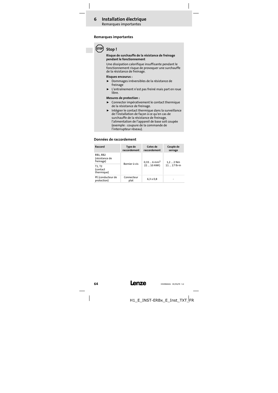 6 installation électrique, Remarques importantes, Données de raccordement | Installation électrique, 6installation électrique | Lenze ERBMxxxRxxxW User Manual | Page 64 / 68