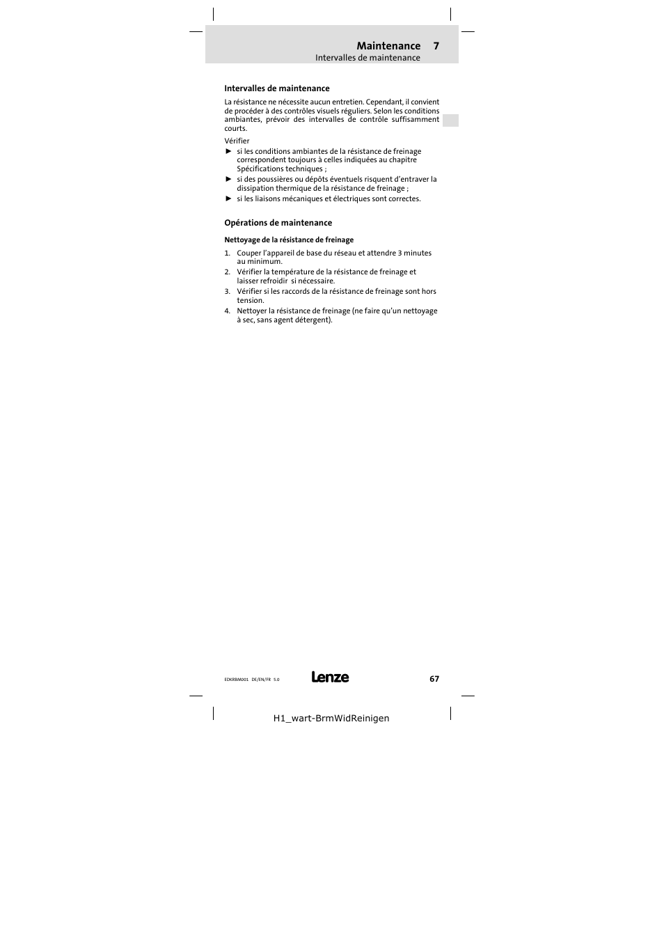 7 maintenance, Intervalles de maintenance, Opérations de maintenance | Maintenance | Lenze ERBMxxxRxxxW User Manual | Page 67 / 68