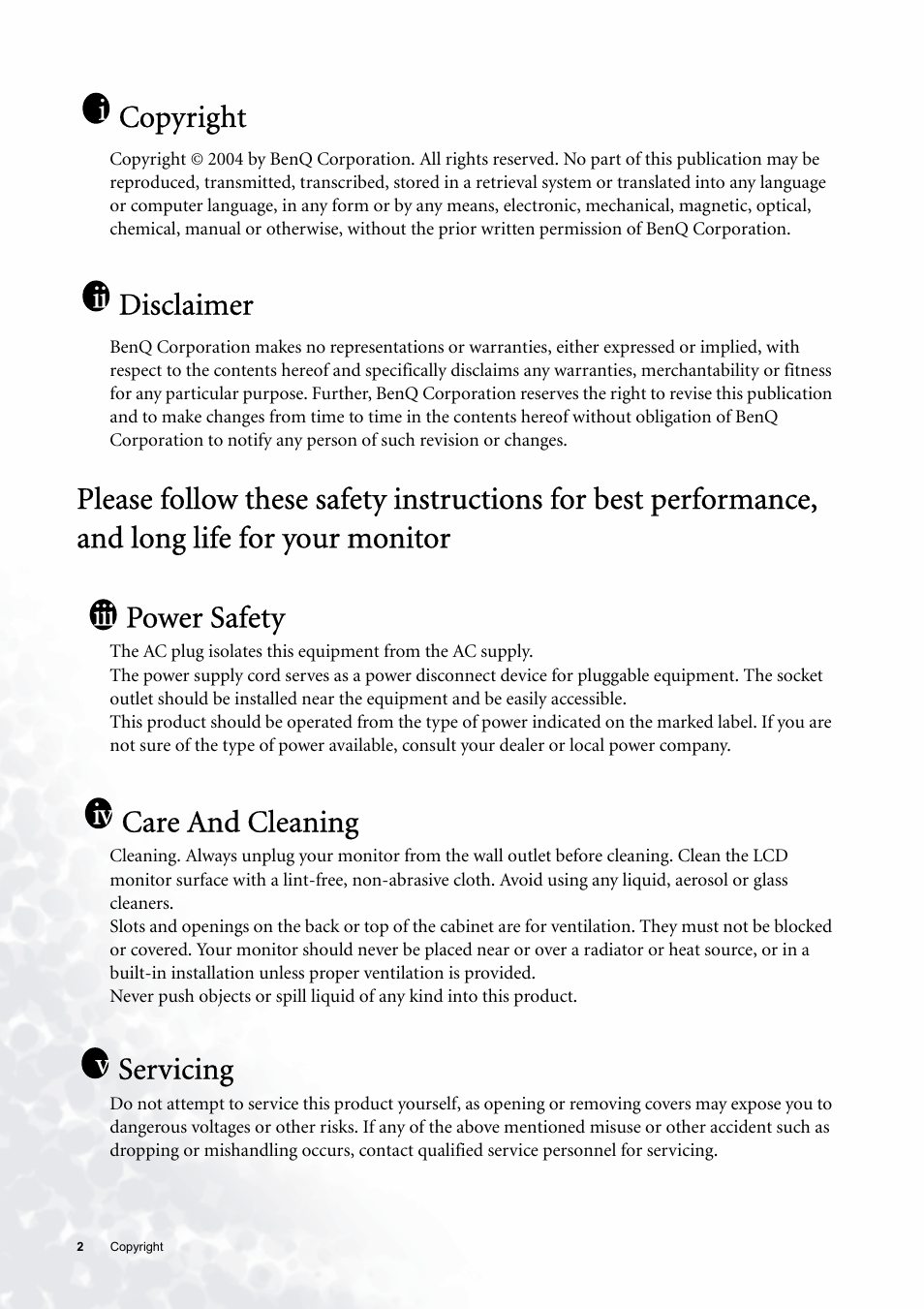 Copyright, Disclaimer, Care and cleaning | Servicing, Iii iv v | BenQ FP531 User Manual | Page 2 / 32