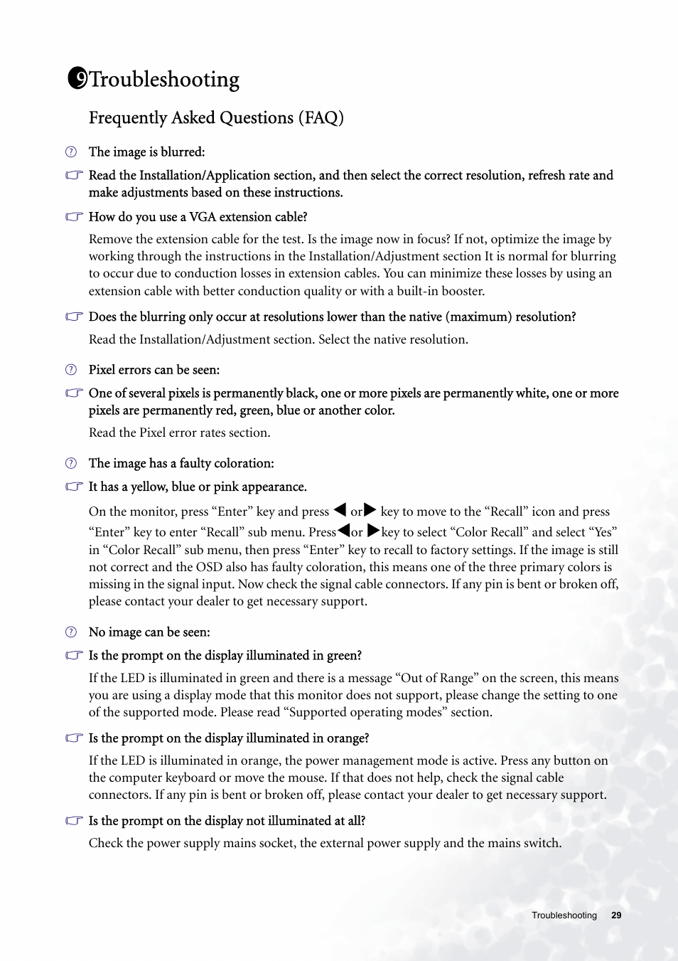 Troubleshooting, Frequently asked questions (faq) | BenQ FP531 User Manual | Page 29 / 32