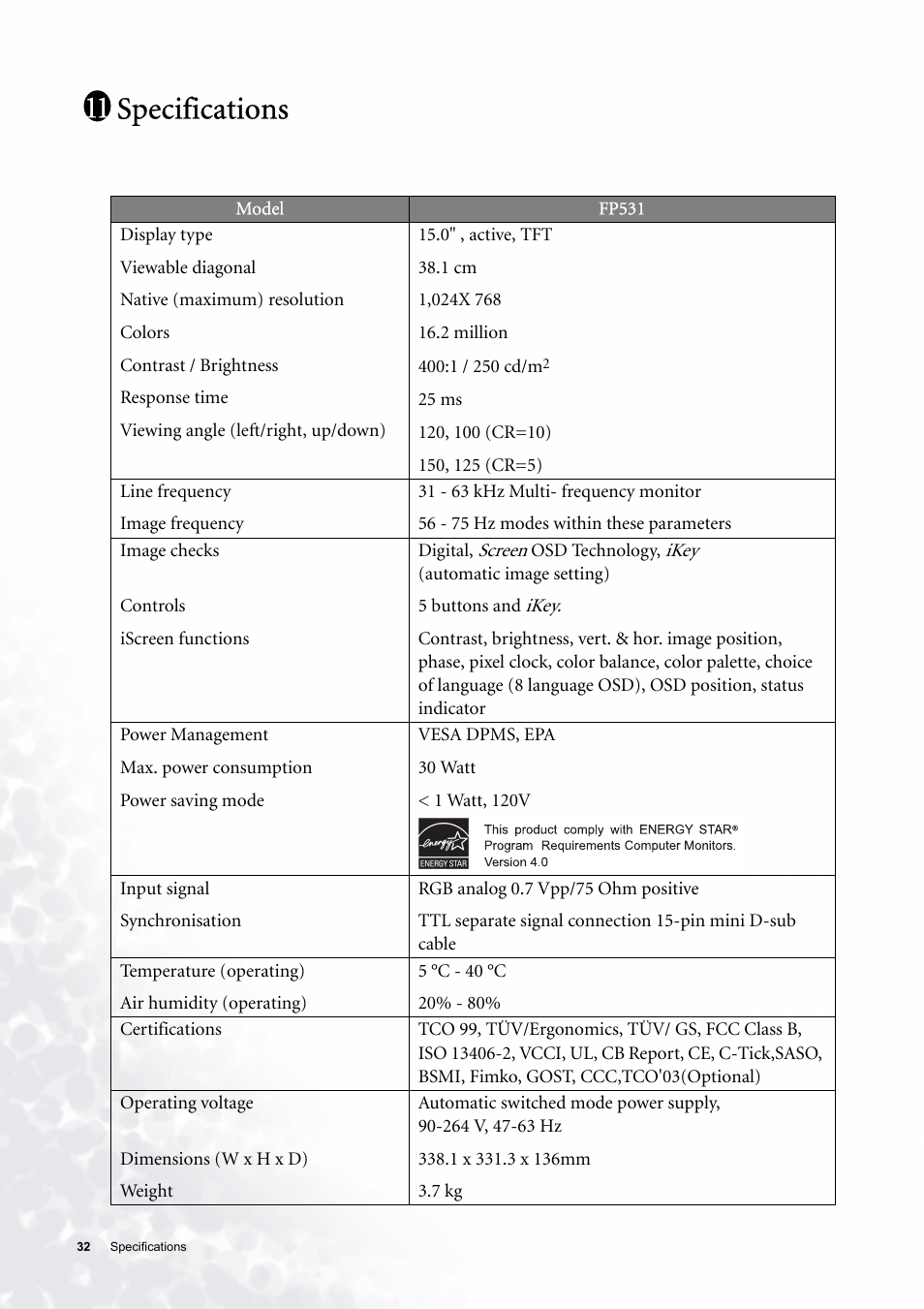 Specifications, Specifications 11 | BenQ FP531 User Manual | Page 32 / 32