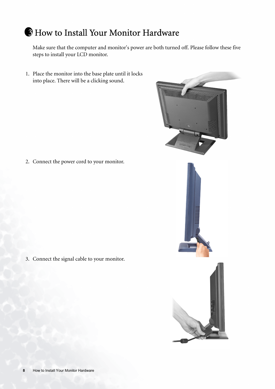How to install your monitor hardware | BenQ FP531 User Manual | Page 8 / 32