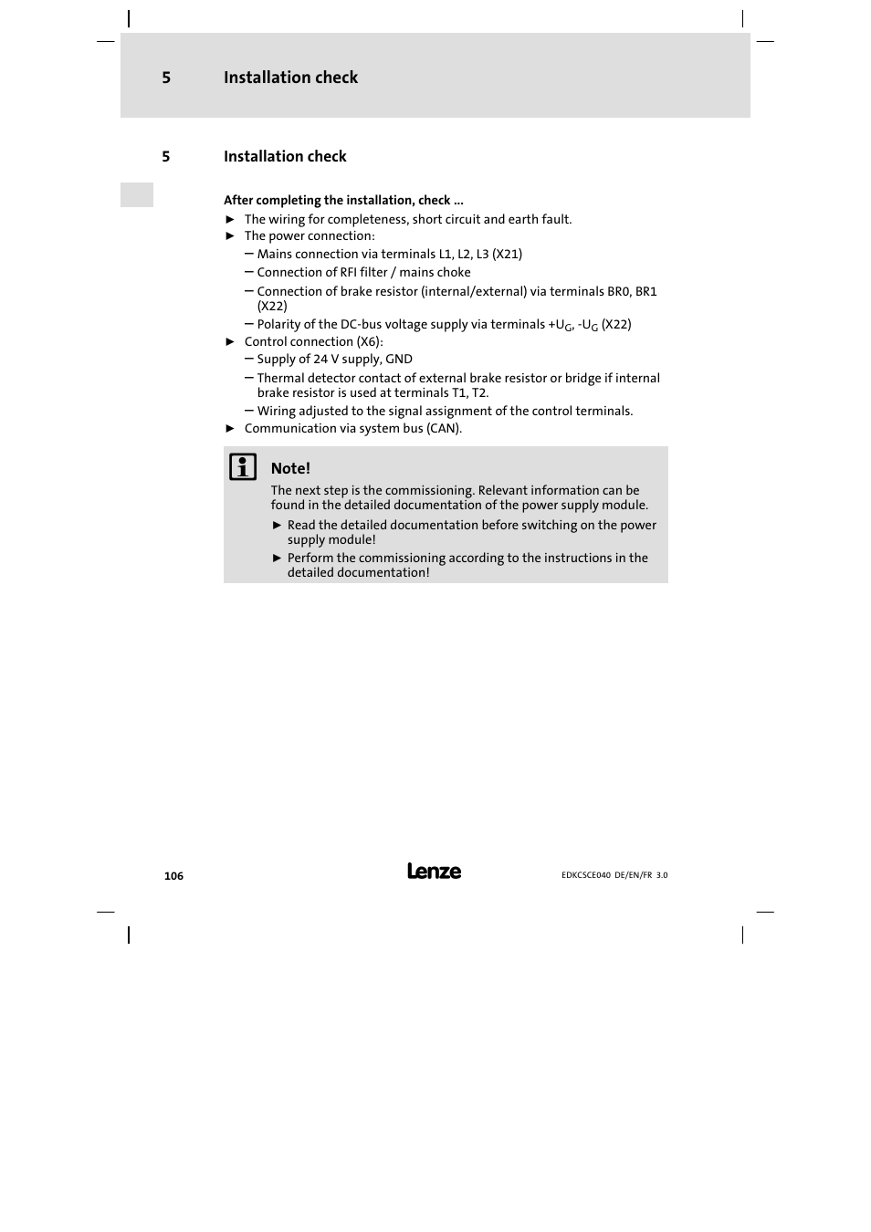 5 installation check, Installation check, Installation check 5 | Lenze ECSCExxx User Manual | Page 106 / 164