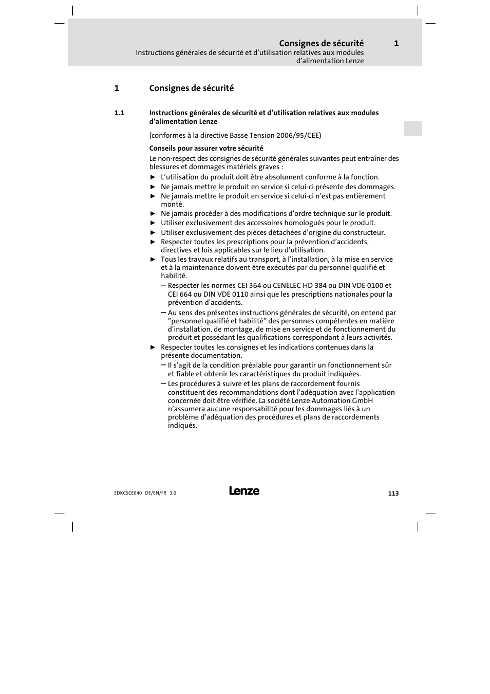 1 consignes de sécurité, Consignes de sécurité | Lenze ECSCExxx User Manual | Page 113 / 164