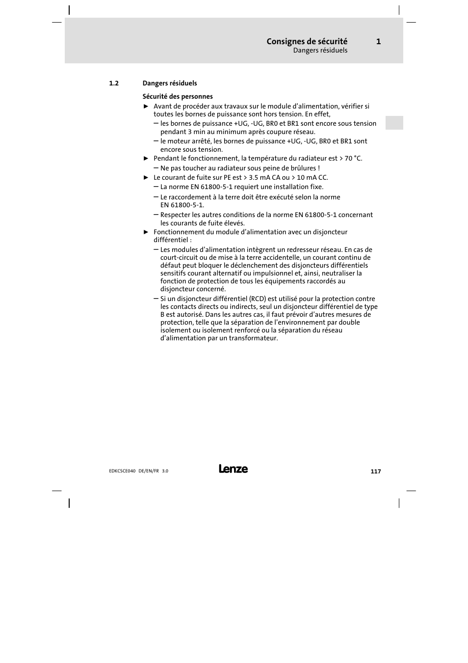 Dangers résiduels | Lenze ECSCExxx User Manual | Page 117 / 164