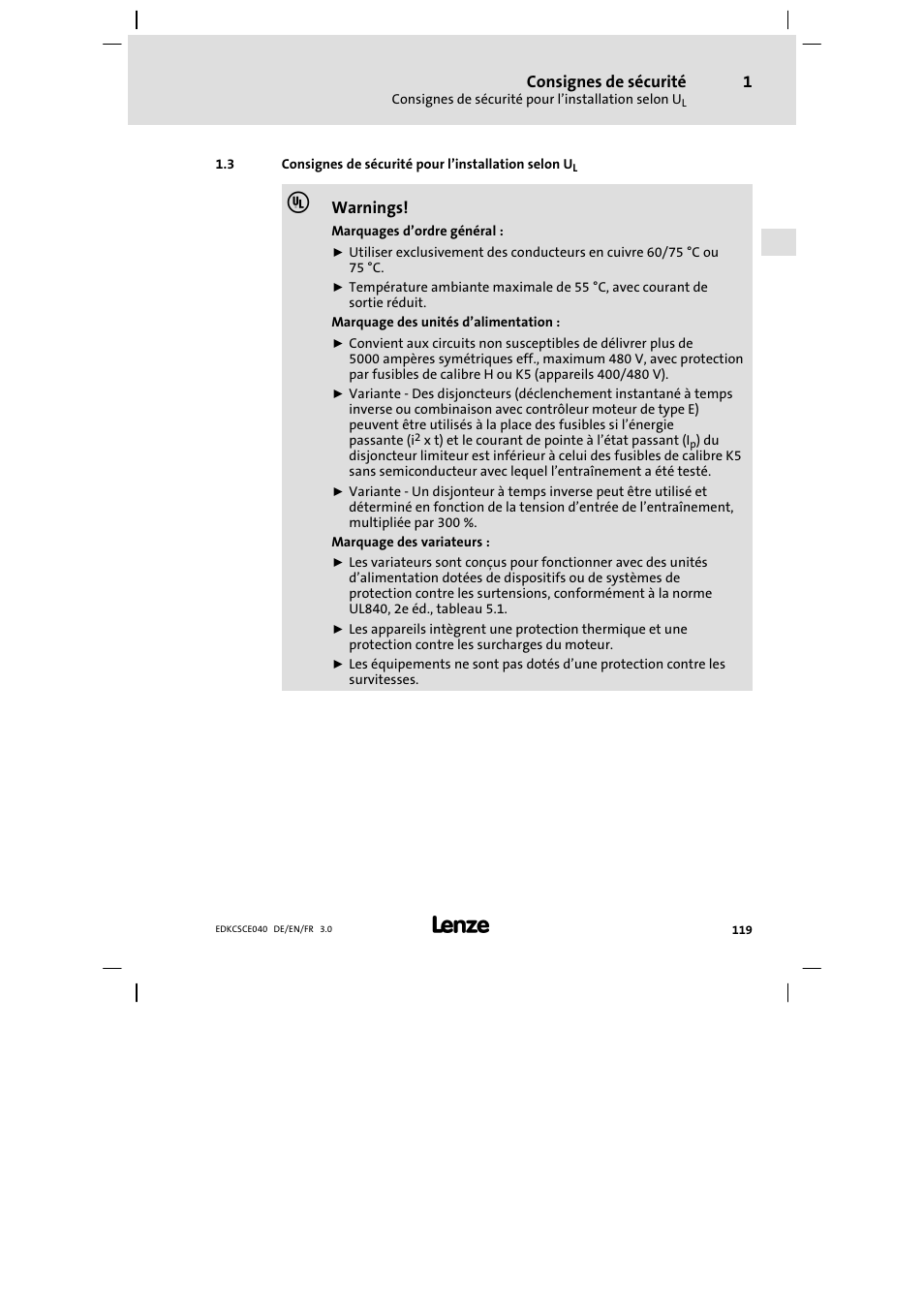 Consignes de sécurité pour l'installation selon ul, Consignes de sécurité pour l’installation selon ul | Lenze ECSCExxx User Manual | Page 119 / 164