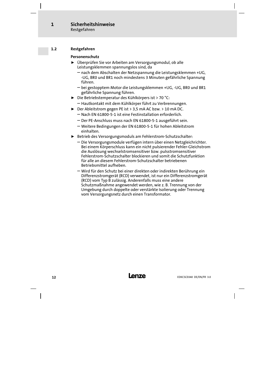 Restgefahren | Lenze ECSCExxx User Manual | Page 12 / 164