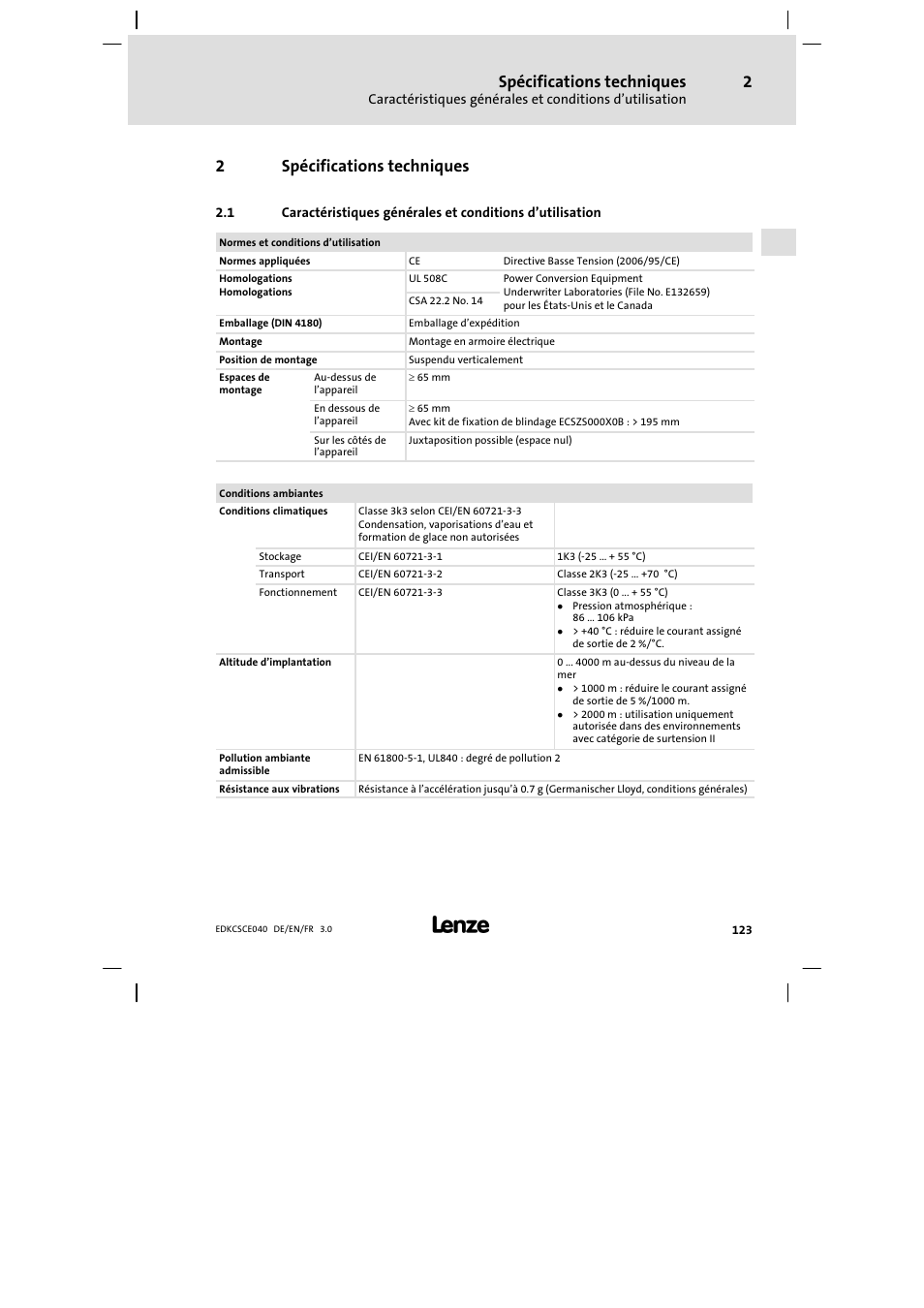2 spécifications techniques, Spécifications techniques, 2spécifications techniques | Lenze ECSCExxx User Manual | Page 123 / 164