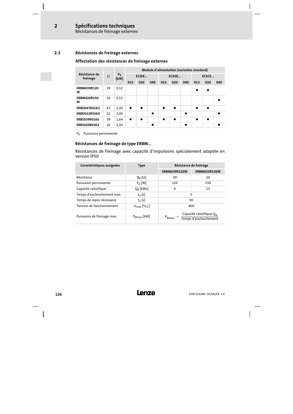 Résistances de freinage externes, Spécifications techniques | Lenze ECSCExxx User Manual | Page 126 / 164