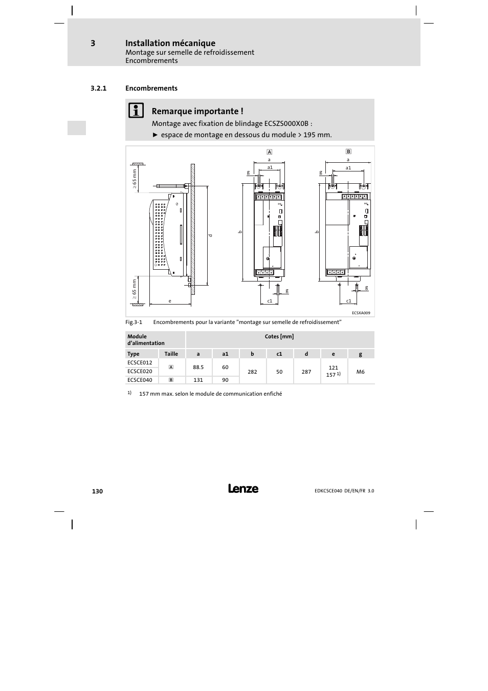 Encombrements, Installation mécanique, Remarque importante | Lenze ECSCExxx User Manual | Page 130 / 164