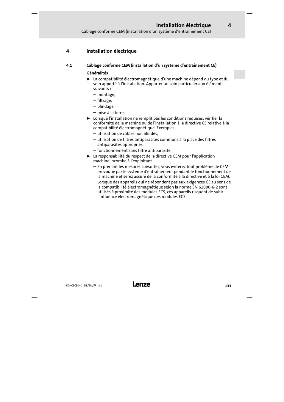 4 installation électrique, Installation électrique | Lenze ECSCExxx User Manual | Page 133 / 164