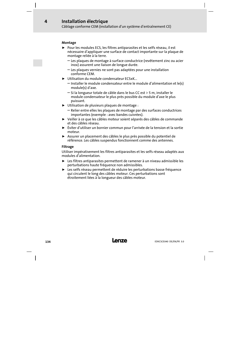 Installation électrique | Lenze ECSCExxx User Manual | Page 134 / 164