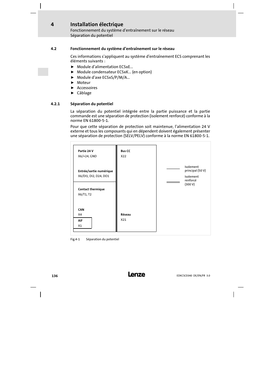 Séparation du potentiel, Installation électrique | Lenze ECSCExxx User Manual | Page 136 / 164