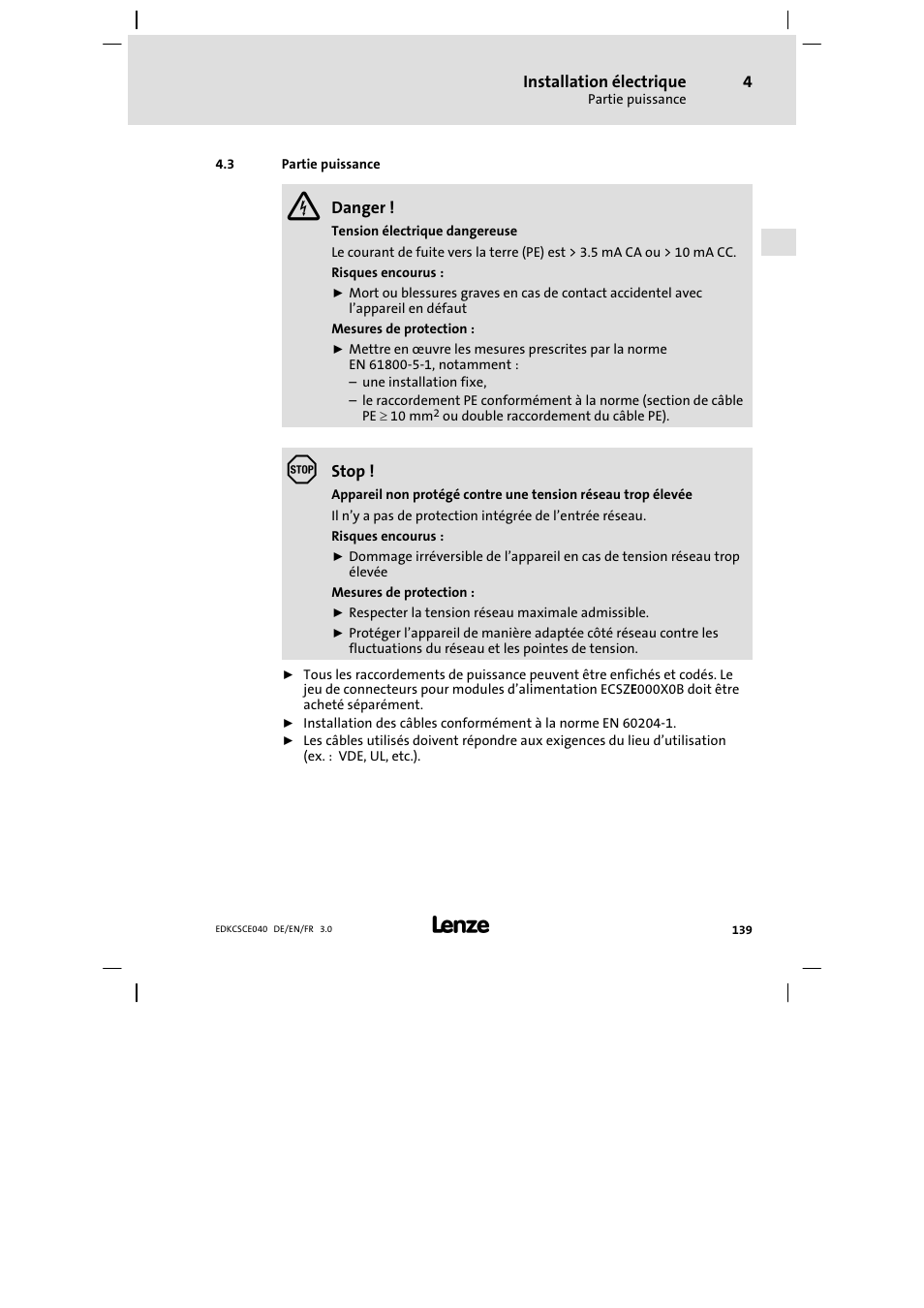 Partie puissance | Lenze ECSCExxx User Manual | Page 139 / 164