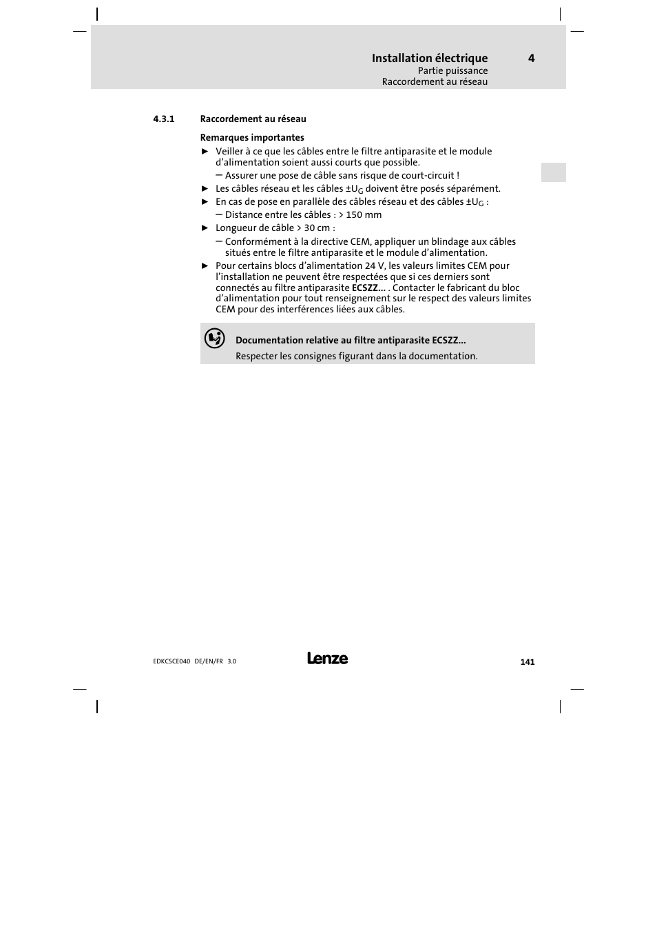 Raccordement au réseau | Lenze ECSCExxx User Manual | Page 141 / 164