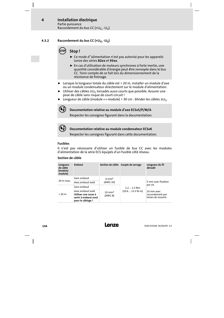 Raccordement du bus cc (+ug, -ug), Raccordement du bus cc (+ug, −ug) | Lenze ECSCExxx User Manual | Page 144 / 164