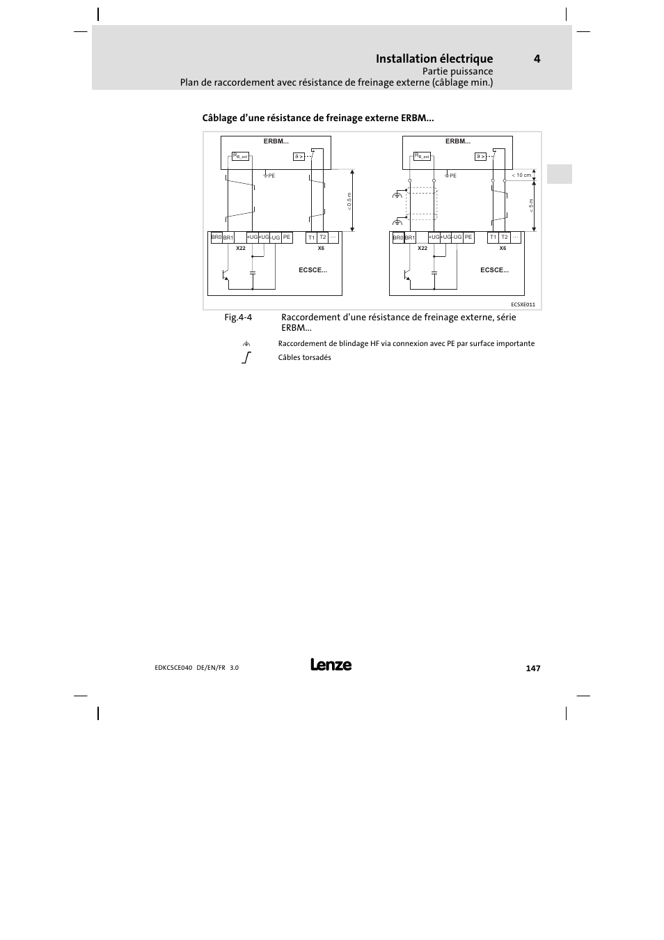 Installation électrique, Câblage d’une résistance de freinage externe erbm | Lenze ECSCExxx User Manual | Page 147 / 164