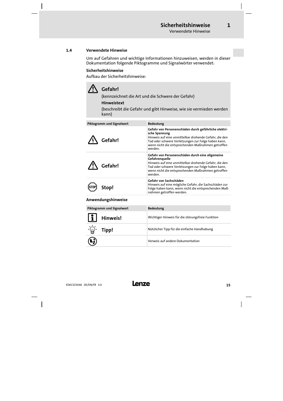 Verwendete hinweise | Lenze ECSCExxx User Manual | Page 15 / 164