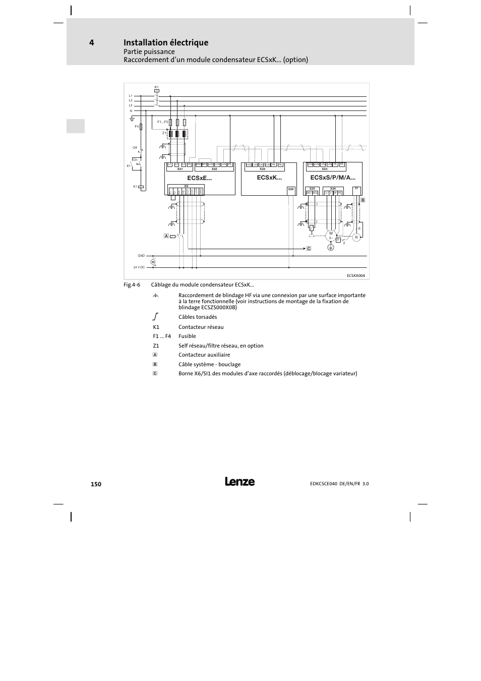 Installation électrique, Ecsxk, Ecsxe | Ecsxs/p/m/a | Lenze ECSCExxx User Manual | Page 150 / 164