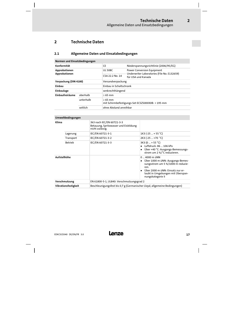 2 technische daten, Allgemeine daten und einsatzbedingungen, Technische daten | 2technische daten | Lenze ECSCExxx User Manual | Page 17 / 164