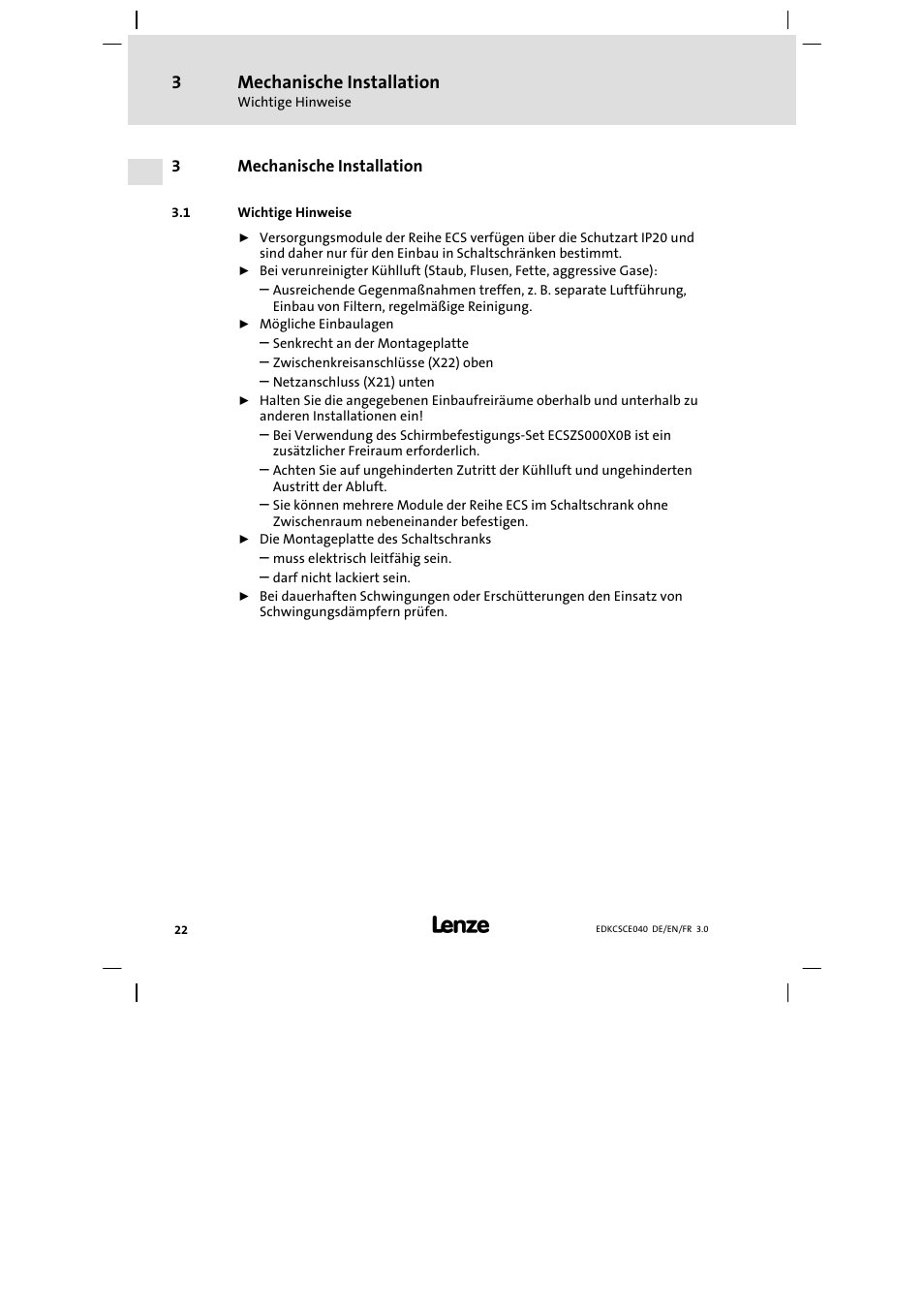 3 mechanische installation, Wichtige hinweise, Mechanische installation | Lenze ECSCExxx User Manual | Page 22 / 164