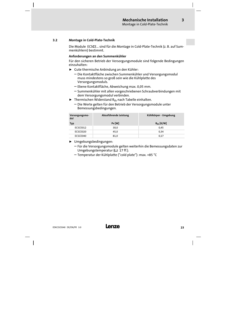 Montage in cold-plate-technik, Montage in cold−plate−technik, Mechanische installation | Lenze ECSCExxx User Manual | Page 23 / 164