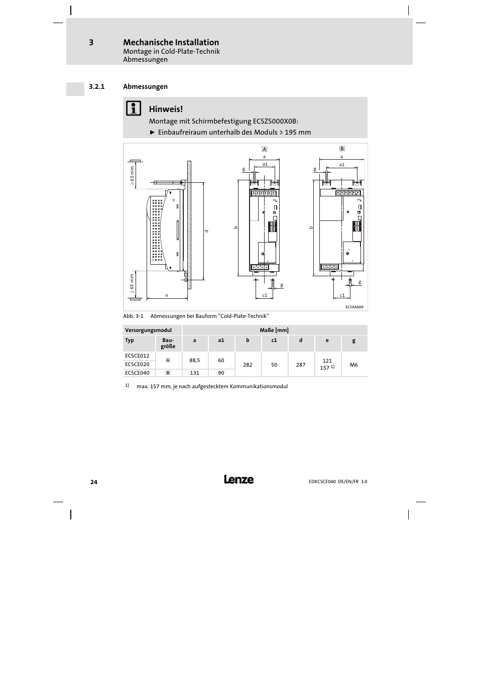 Abmessungen, Mechanische installation, Hinweis | Lenze ECSCExxx User Manual | Page 24 / 164