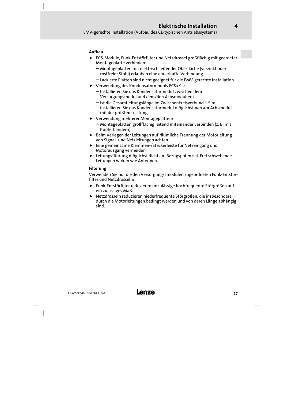 Elektrische installation | Lenze ECSCExxx User Manual | Page 27 / 164