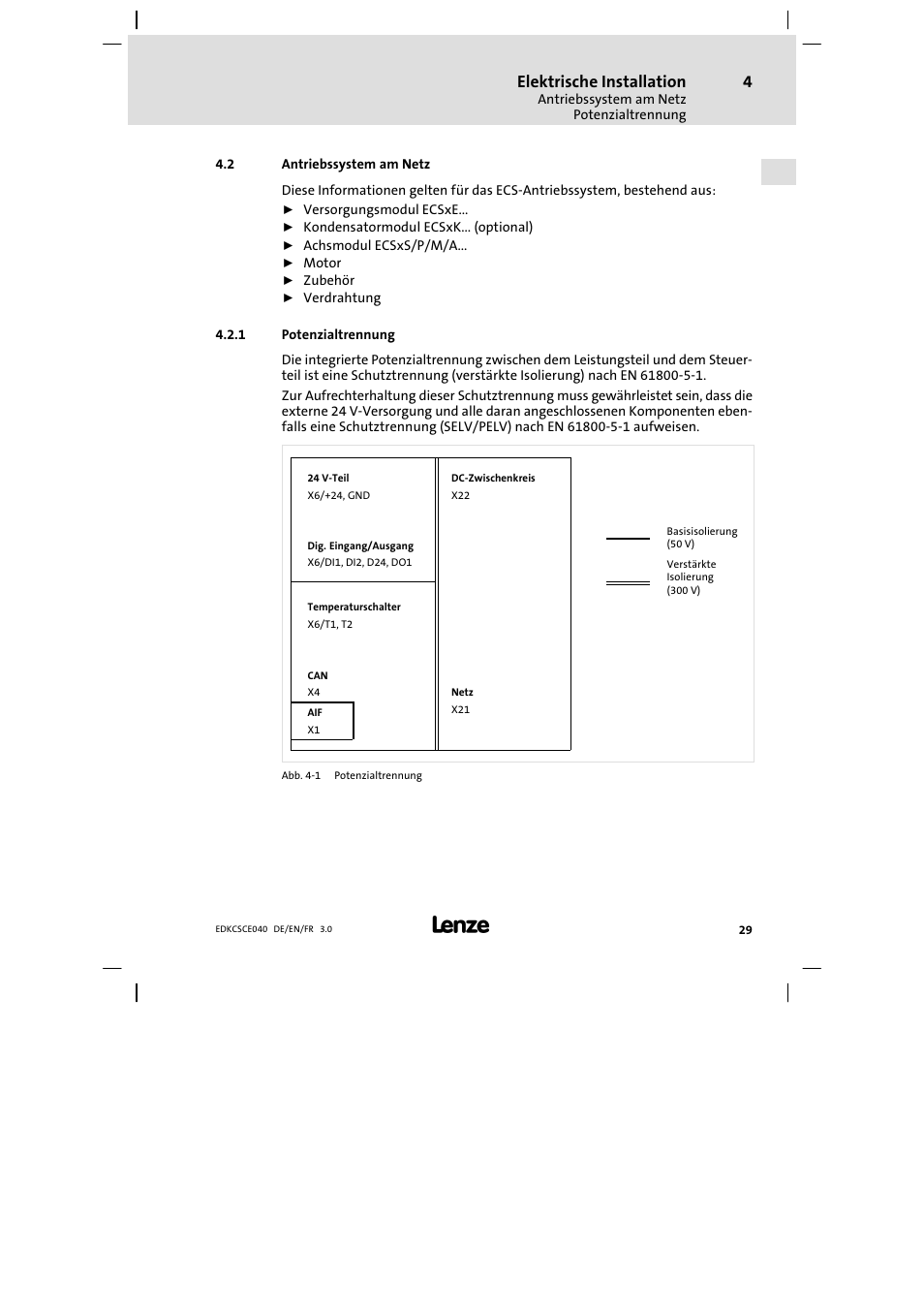 Antriebssystem am netz, Potenzialtrennung, Elektrische installation | Lenze ECSCExxx User Manual | Page 29 / 164